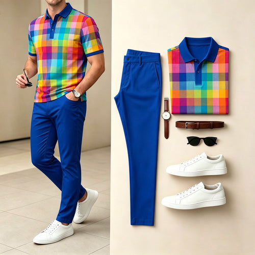 Men's Casual Multi & Royal Blue Color Matching Checkered Printed Short Sleeves Polo Shirt & Pants Two-Piece Set