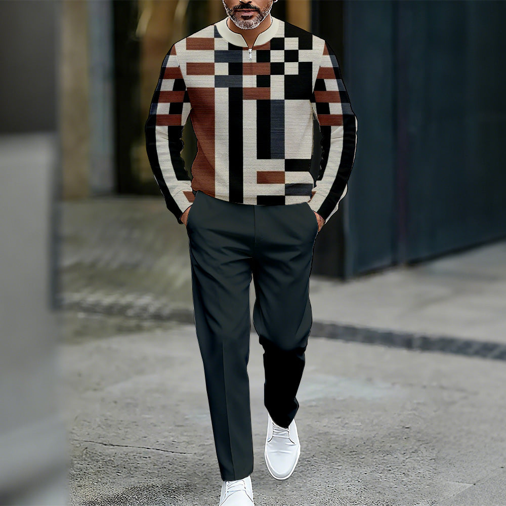Men's Casual Color Matching Printed Round-Neck Zipper Long Sleeved Trousers Two-Piece Set