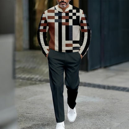 Men's Casual Color Matching Printed Round-Neck Zipper Long Sleeved Trousers Two-Piece Set