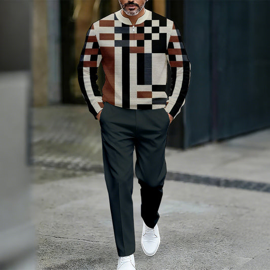 Men's Casual Color Matching Printed Round-Neck Zipper Long Sleeved Trousers Two-Piece Set