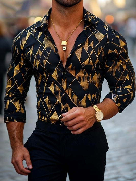 Men's Luxury Business Geometric Print Long-Sleeve Shirt