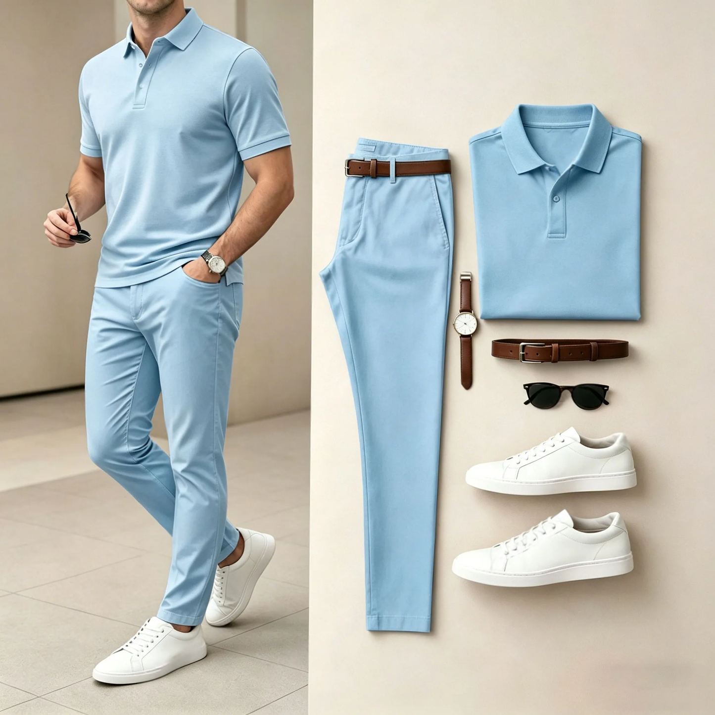 Men's Casual Pure Blue Printed Polo Shirt And Pants Two-Piece Set