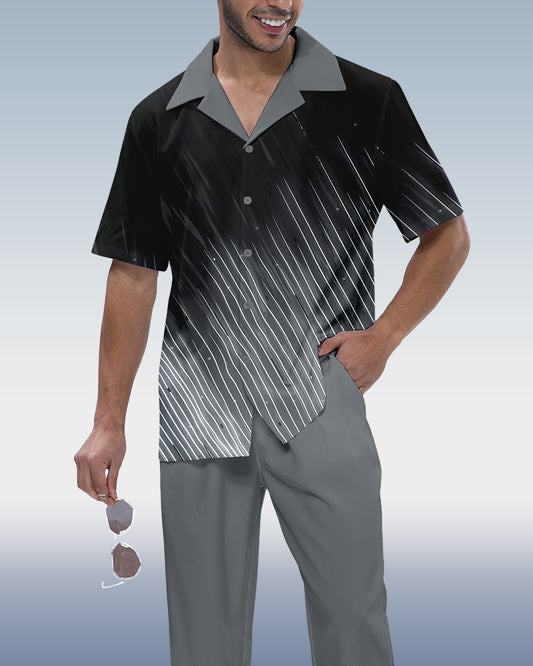 Rianmond Men's Gradient Print Short Sleeve Shirt Walking Suit 703
