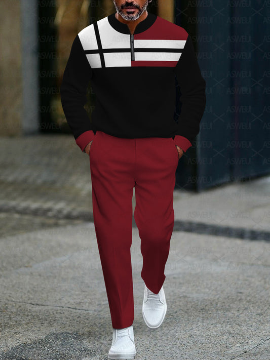 Men's fashion casual geometric print long sleeve zipper two-piece set