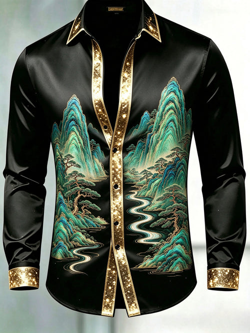 Men's Black & Gold Glitter Trim Chinese Green Landscape Dress Shirt