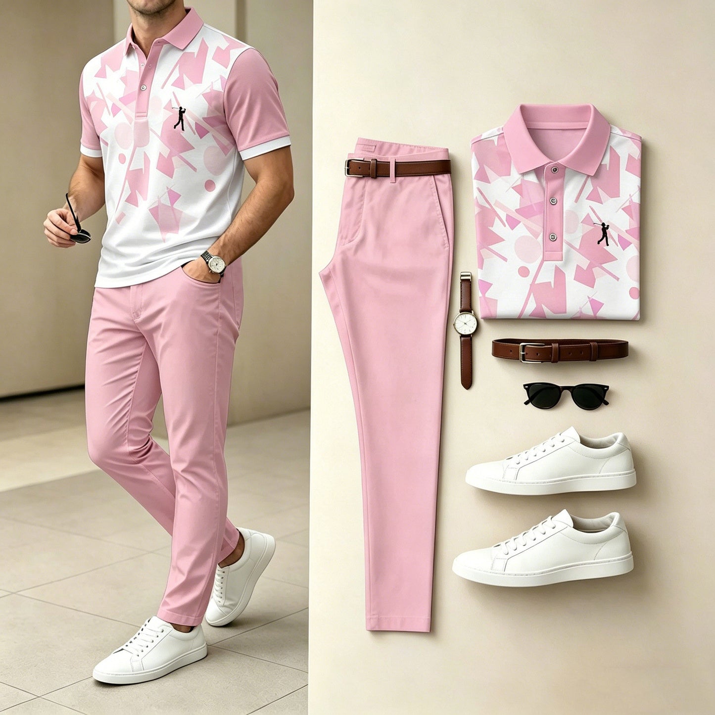 Men's Casual Pink Abstract Printed Polo Shirt & Pants Two-Piece Set