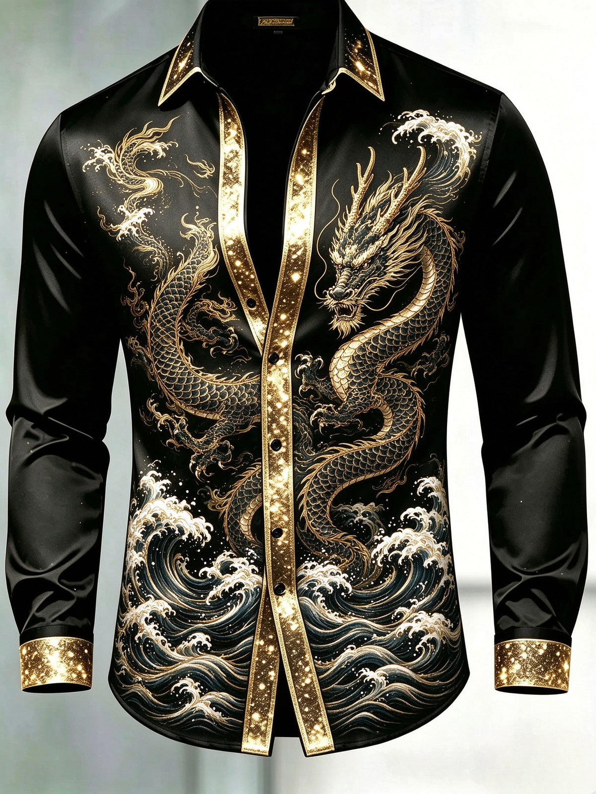 Men's Black & Gold Glitter Trim Chinese Dragon Wave Dress Shirt