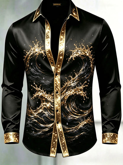 Men's Black & Gold Glitter Trim Golden Splash Wave Dress Shirt
