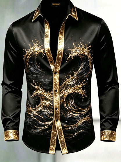 Men's Black & Gold Glitter Trim Golden Splash Wave Dress Shirt