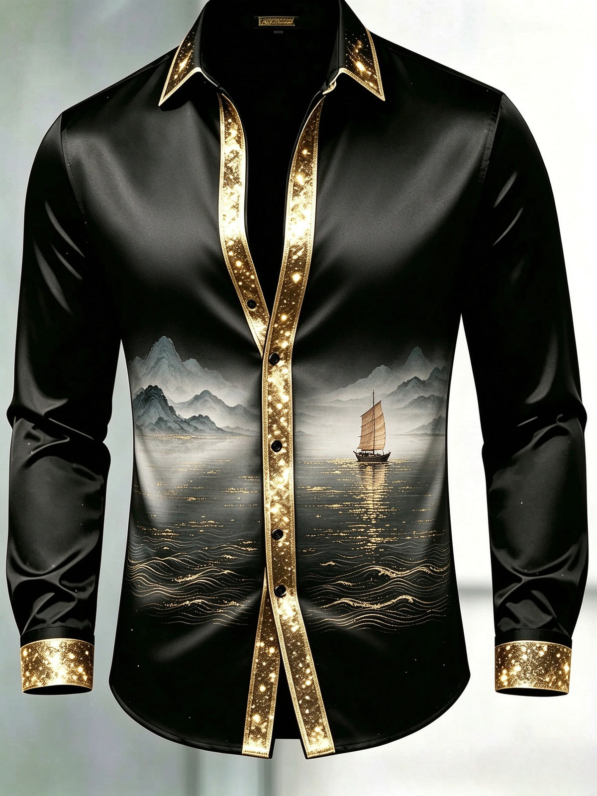 Men's Black & Gold Glitter Trim Sailboat Mountain Lake Dress Shirt