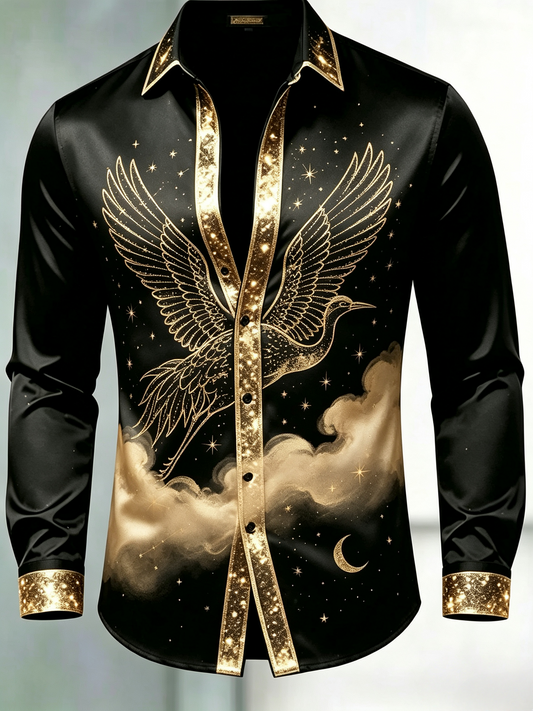 Men's Golden Lunar Phase Long Sleeve Satin Shirt