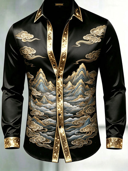 Men's Black & Gold Glitter Trim Chinese Cloud Mountain Dress Shirt