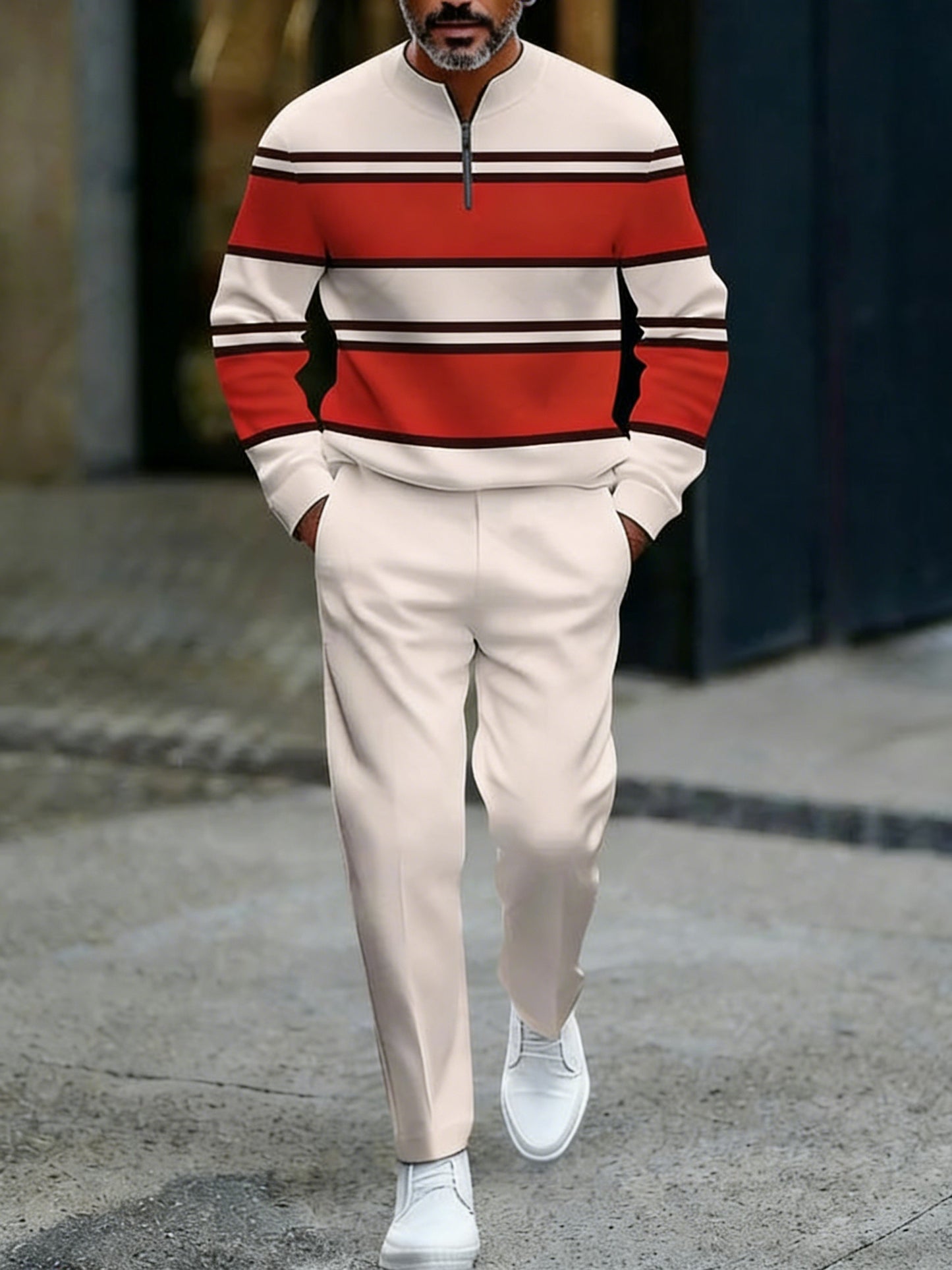 Men's Casual Apricot & Red Color Matching Striped Printed Round-Neck Zipper Long Sleeved Tops & Trousers Two-Piece Set