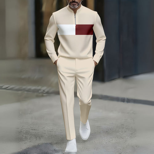 Men's Casual White & Maroon Color Matching Printed Round-Neck Zipper Long Sleeved Trousers Apricot Two-Piece Set