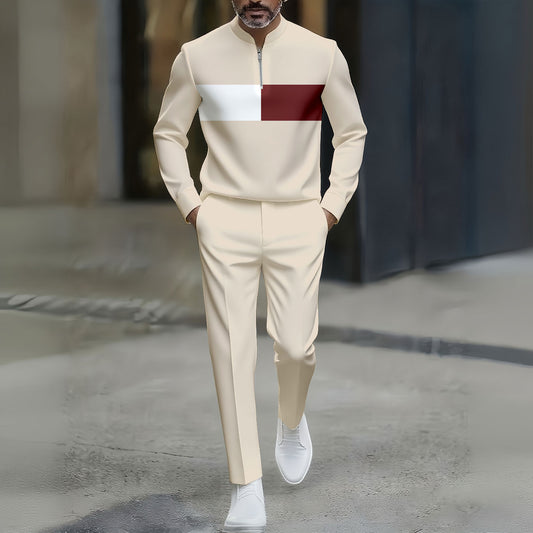 Men's Casual White & Maroon Color Matching Printed Round-Neck Zipper Long Sleeved Trousers Apricot Two-Piece Set