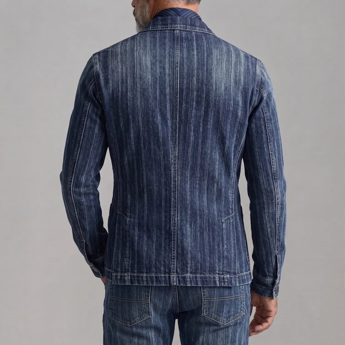 Men's Navy Blue Striped Denim Peak Lapel Asymmetric Single Breasted Blazer