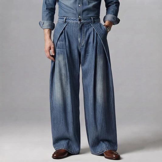 Men's Pinstripe Pattern Slant Pocket Pleated Wide Leg Denim Pants