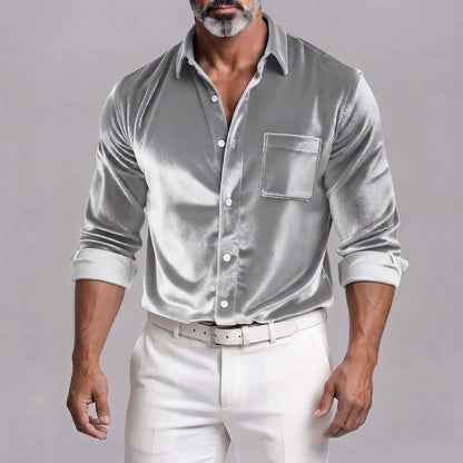 Men's Velvet Solid Color Button-Down Chest Pocket Long Sleeve Shirt
