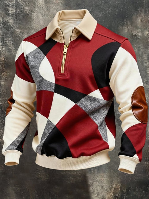 Men's Vintage Color-Block Printed Zip-Up Hoodie