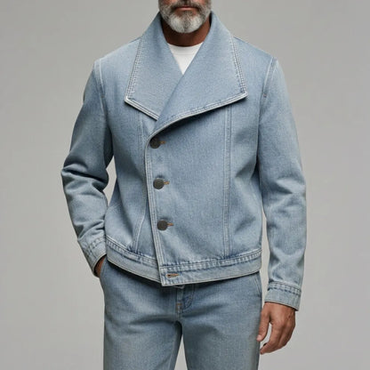Men's Casual Light Blue Asymmetric Single Breasted Lapel Collar Denim Jacket