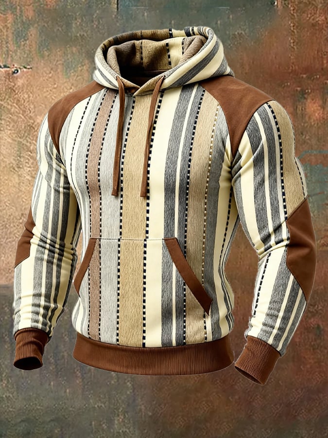 Men's Retro Distressed Color Block Print Casual Long Sleeve Sweatshirt