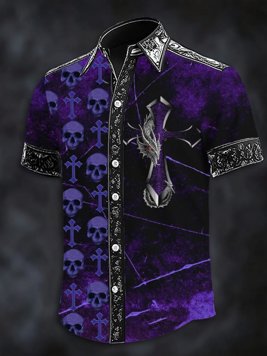 Men's Dark Skull Print Casual Short Sleeve Shirt