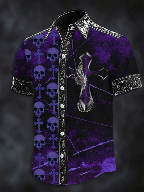 Men's Dark Skull Print Casual Short Sleeve Shirt