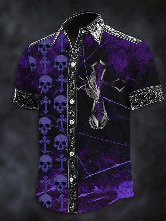 Men's Dark Skull Print Casual Short Sleeve Shirt
