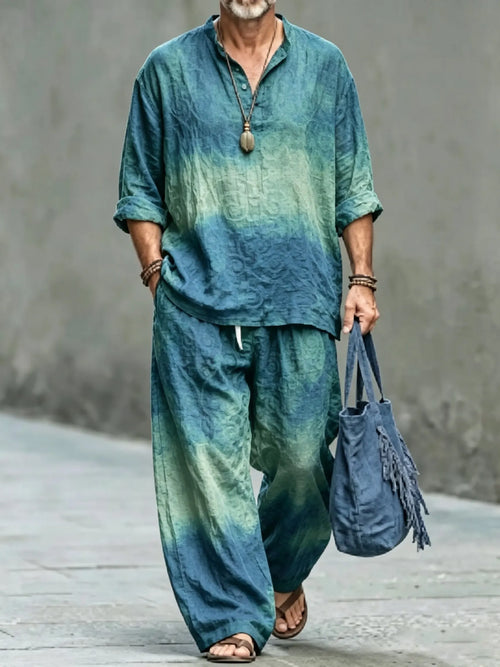 Men's Vintage Abstract Art Printed Cotton Shirt Set (Top & Pants)