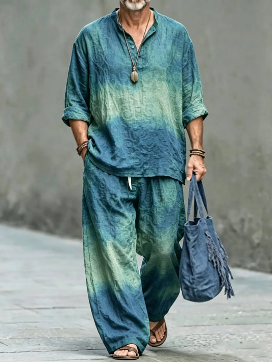 Men's Vintage Abstract Art Printed Cotton Shirt Set (Top & Pants)