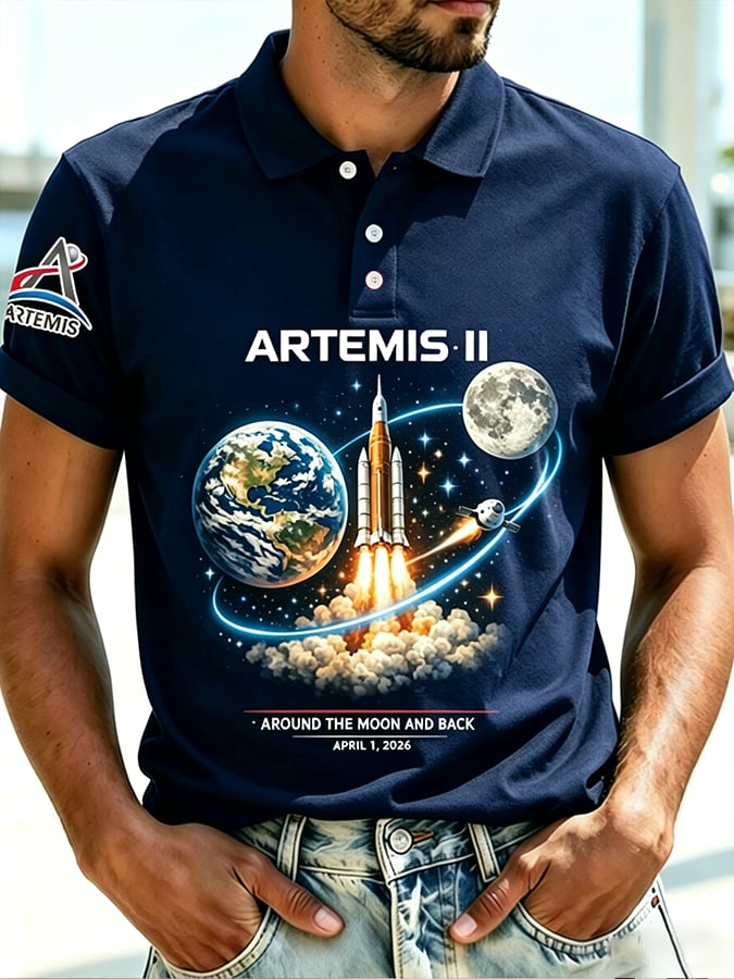Retro Artemis II 2026 Rocket Launch Print POLO Shirt