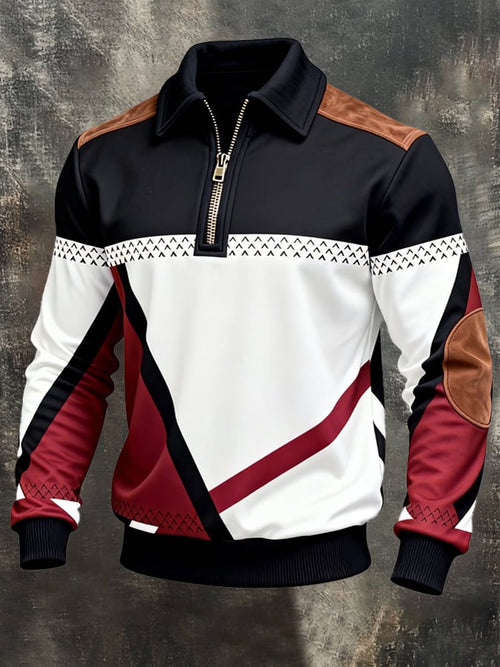 Men's Retro Color Block Print Zipper Sweatshirt