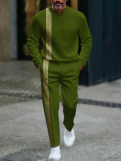 Men's Casual Green & Gold Color Matching Baroque Style Printed Round-Neck Zipper Long Sleeved Sweatshirt & Trousers Two-Piece Set