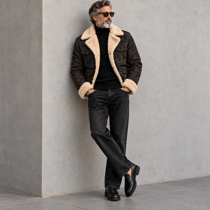Men's Army Green Suede Multi-Pocket Lapel Collar Single Breasted Thickened Warm Jacket