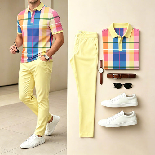Men's Casual Multi &Yellow Color Matching Plaid Printed Short Sleeves Polo Shirt & Pants Two-Piece Set