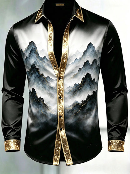 Men's Black & Gold Glitter Trim Ink Wash Mountain Dress Shirt