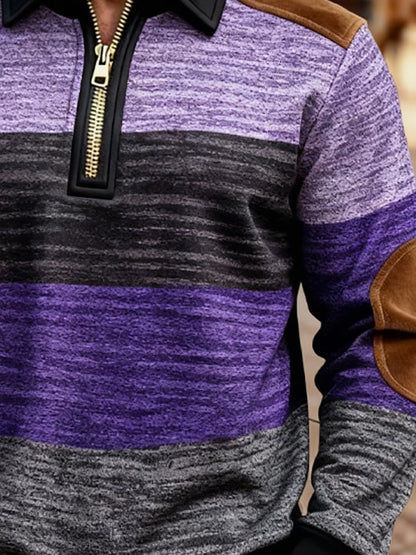 Men's Retro Color Block Print Zipper Sweatshirt