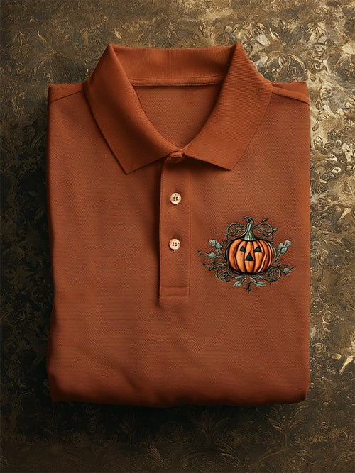 Men's Casual Business Halloween Pumpkin Art Button Short Sleeve Polo Shirt