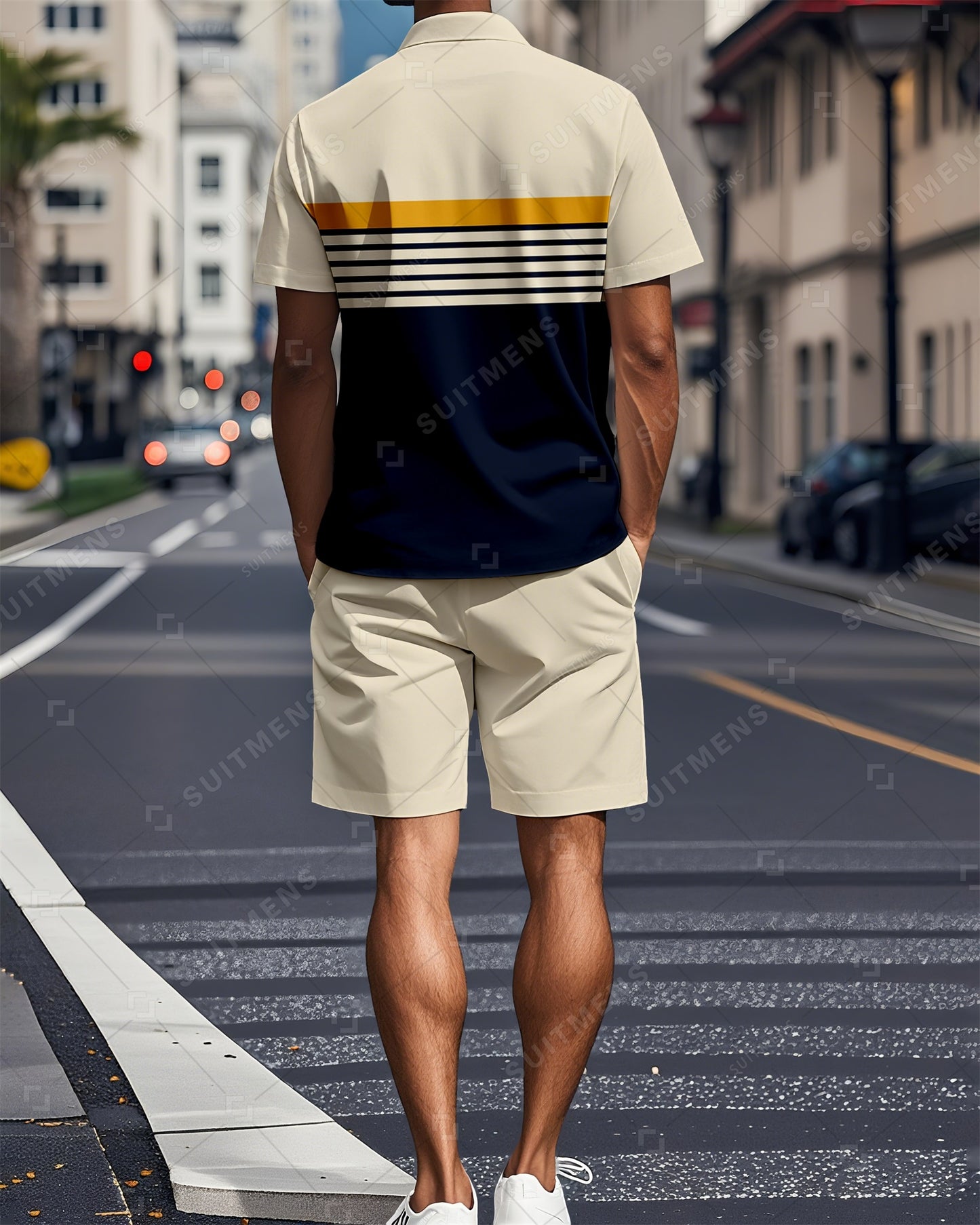 Men's Color Blocked Summer Polo Shorts Set 013