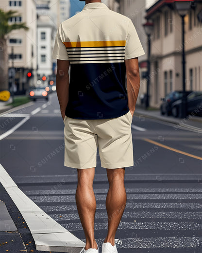 Men's Color Blocked Summer Polo Shorts Set 013