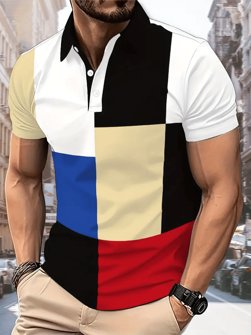 Men's Business Stripe Logo Button-Down Short Sleeve Polo Shirt