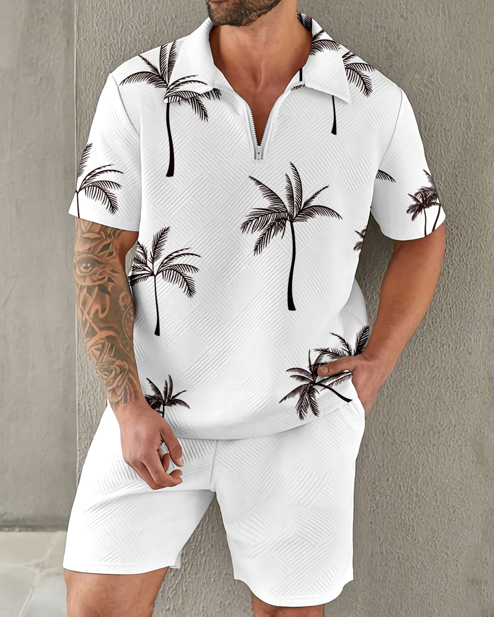 Suitmens Elegant And Simple Texture Coconut Tree Pattern Zipper Polo Set