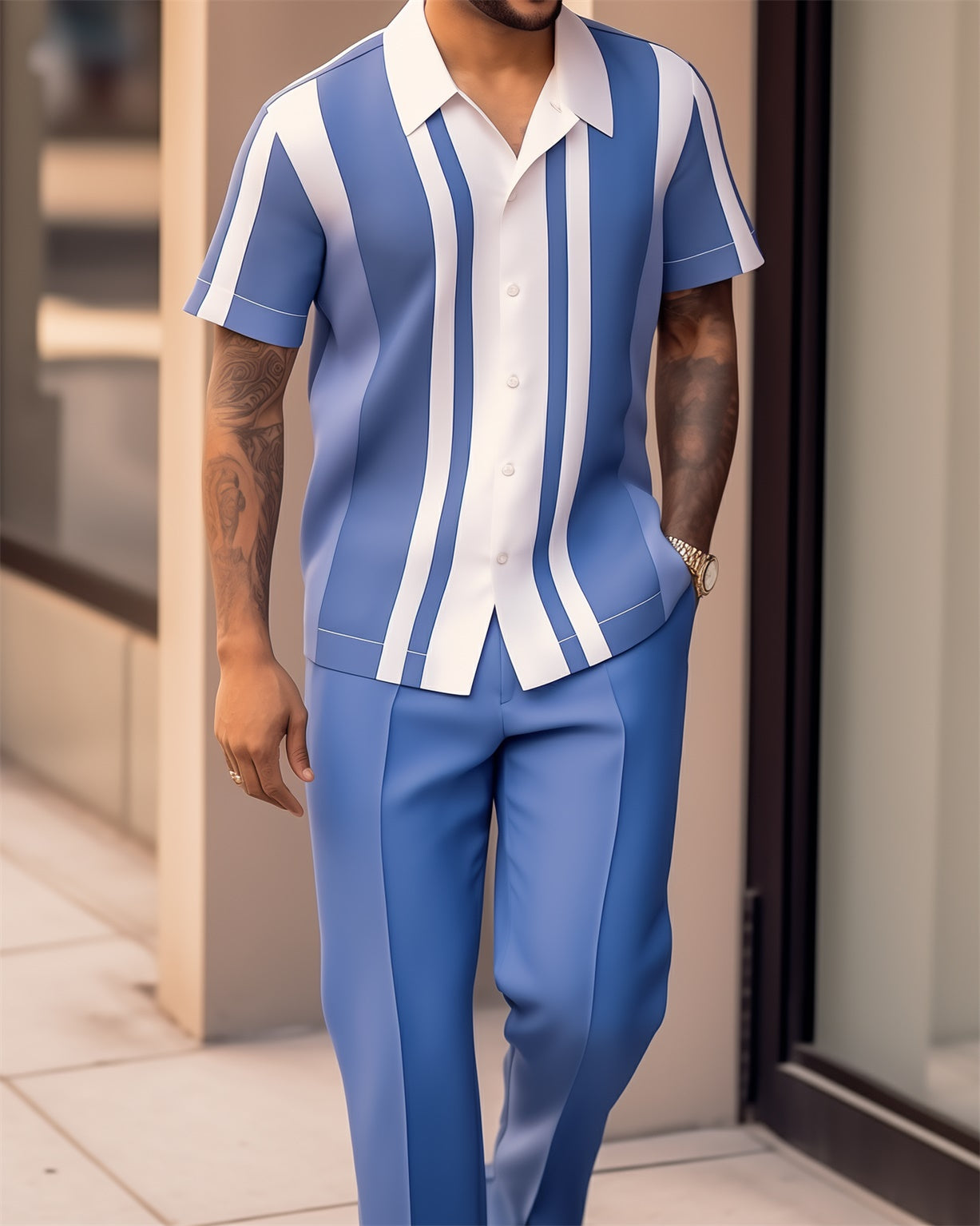 Men's retro colorblock short-sleeved shirt walking Suit 1604