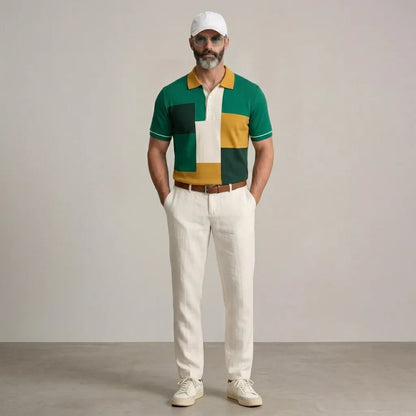Men's Fashion Colorblock Turndown Collar Short Sleeve Casual Polo Shirt