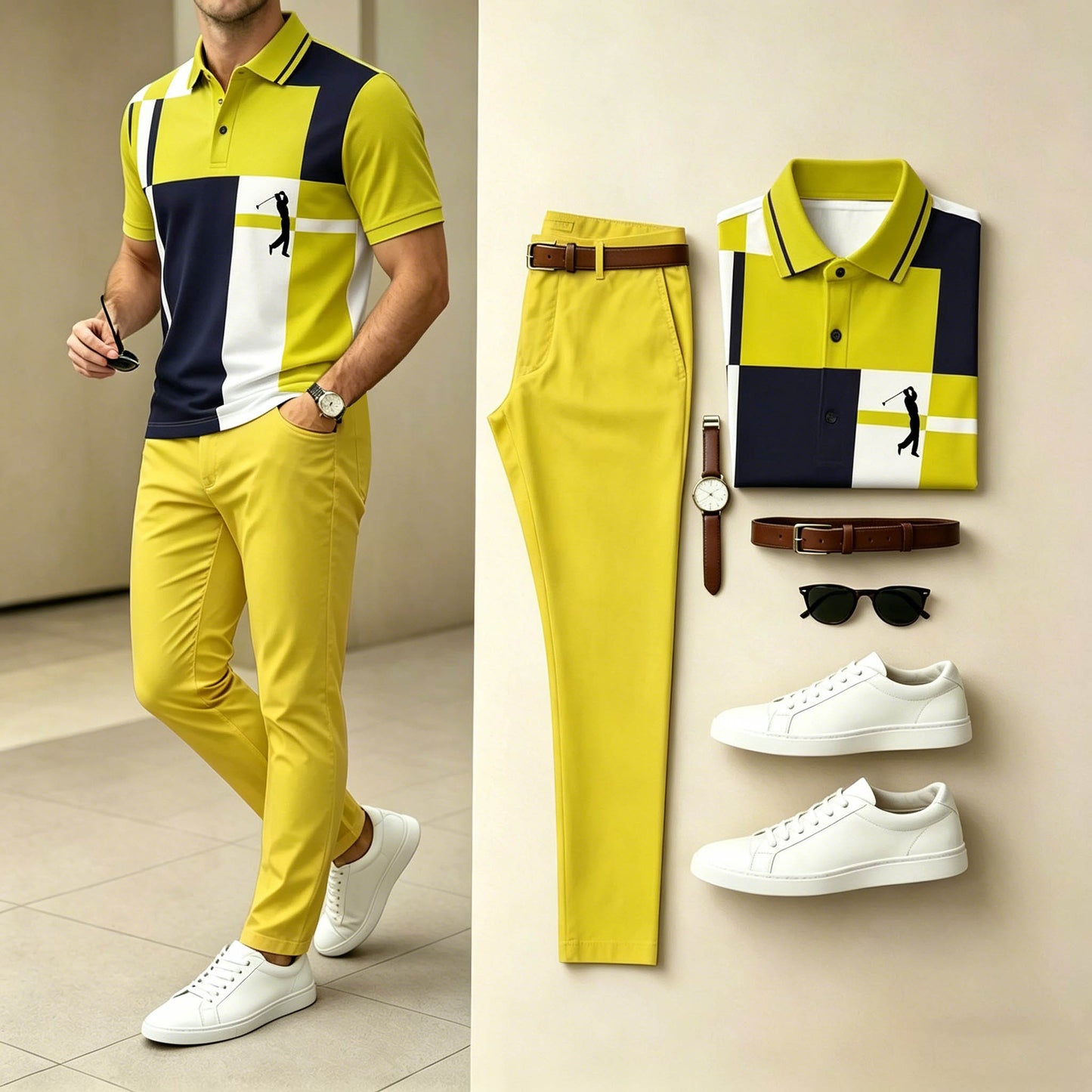 Men's Casual Yellow Navy Plaid Printed Polo Shirt & Pants Two-Piece Set