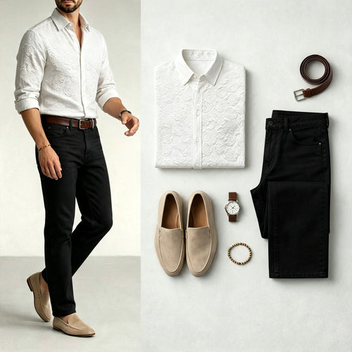Men's White Long-Sleeve Shirt and Jeans Set