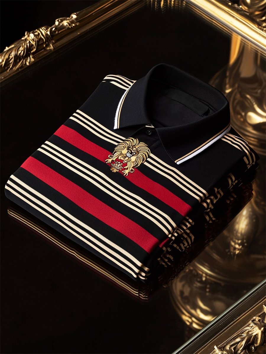 Men's Business Casual Striped Button Short Sleeve Polo Shirt