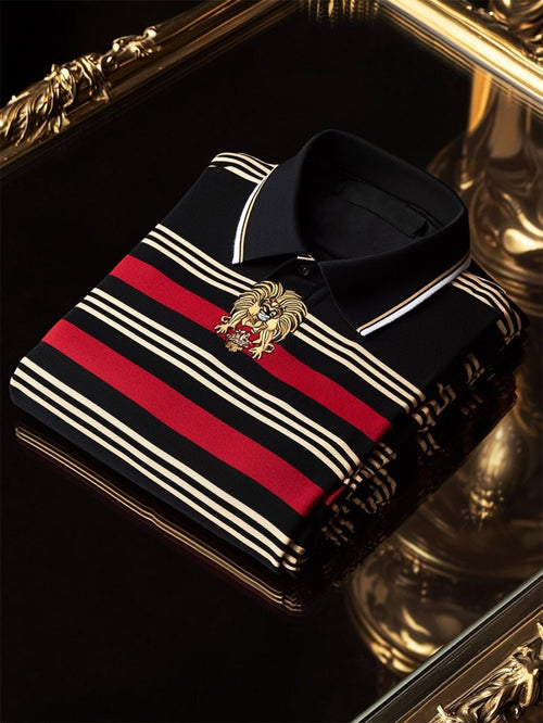 Men's Business Casual Striped Button Short Sleeve Polo Shirt