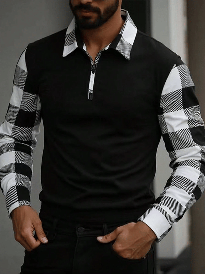 Men's Business Plaid Contrast Patchwork Zipper Lapel Long-Sleeved T-Shirt