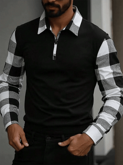 Men's Business Plaid Contrast Patchwork Zipper Lapel Long-Sleeved T-Shirt